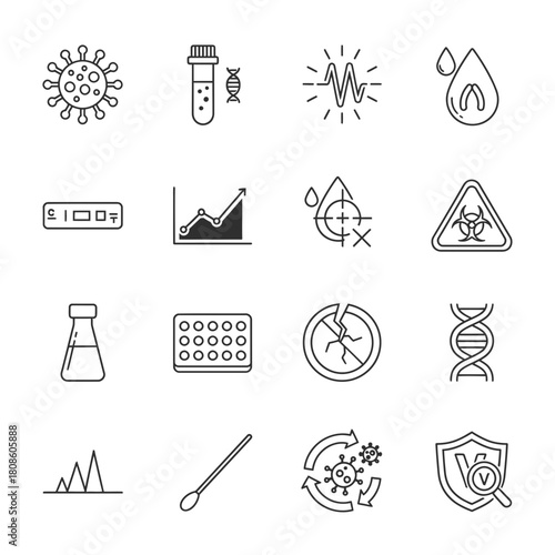 Essential medical icons depicting virus research, DNA, biohazard, and scientific progress, ideal for healthcare websites and educational materials, conveying health and safety