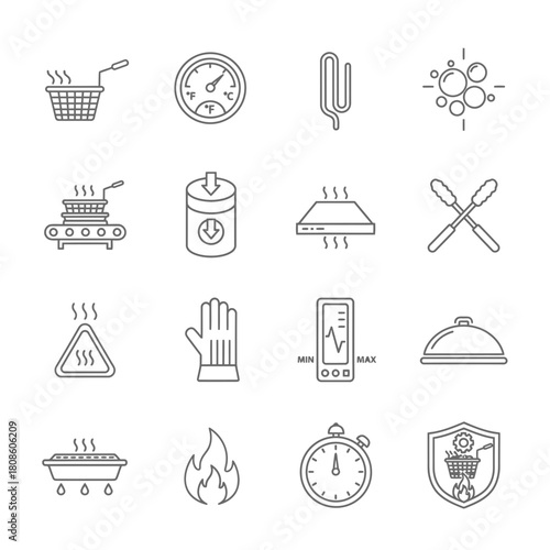 Essential commercial kitchen equipment icons symbolize food preparation safety, temperature control, timing, and hygiene, showcasing a modern, professional culinary environment