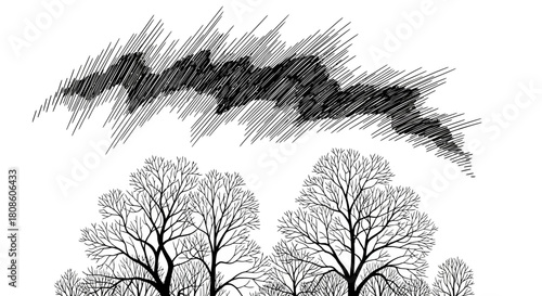 Monochromatic landscape with textured sky above barren trees artistic rendering