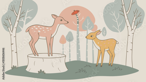 Two Fawn Deer in a Forest with Birch Trees and a Mushroom Illustration in Pastel Colors Cute Animals