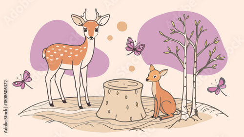 Whimsical Deer Family Illustration with Butterflies Trees and a Stump in Pastel Colors for Children s Designs