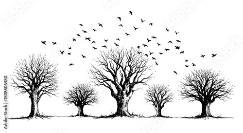 Monochrome scene of bare trees and soaring birds evoking a sense of freedom and nature