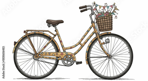 Vintage bicycle adorned with star patterns and a whimsical basket filled with pennants