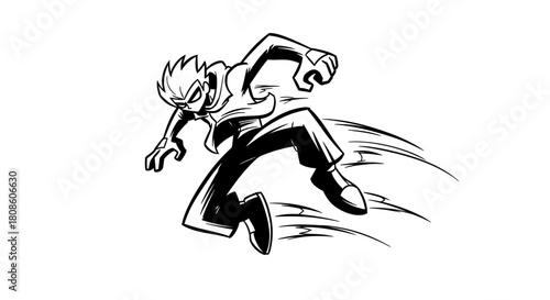 Dynamic ink drawing illustration of a stylized vigilante figure with dramatic motion lines