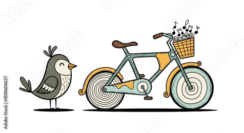 Whimsical illustration of a bird contemplating a vintage bicycle filled with musical notes