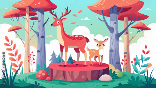 Cartoon Deer Family in Autumn Forest with Mushroom Trees and Falling Leaves Illustration for Children s Books and Nature Inspired Designs