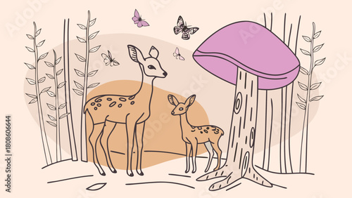 Deer and Fawn in Forest with Butterflies and Mushroom Illustration for Children s Book or Print Design