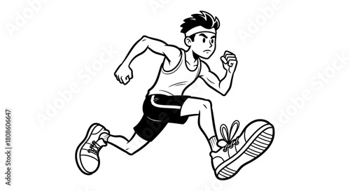 Dynamic monochrome illustration depicting a determined athlete during intense sprint action