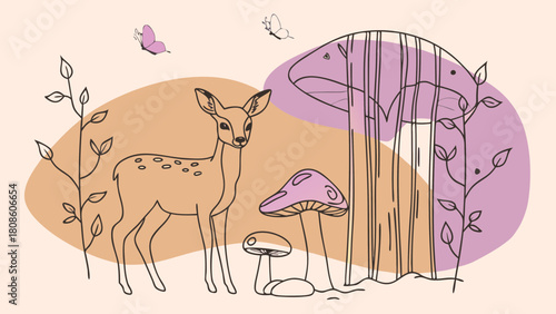 Whimsical Forest Illustration with Deer Mushrooms and Butterflies in Pastel Colors and Line Art Style for Children s Designs