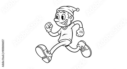 Whimsical runner cartoon character sprints cheerfully with retro design style