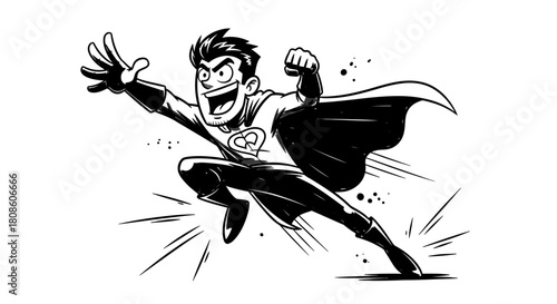 Dynamic black and white sketch of a joyful superhero leaping with outstretched hand and clenched