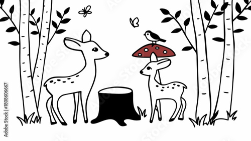 Hand Drawn Illustration of Deer in a Forest with Mushrooms and Butterflies Perfect for Children s Books and Nature Themed Designs