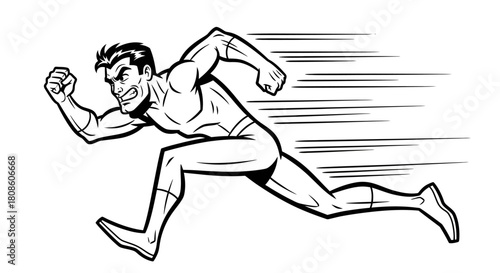 Monochrome illustration of a determined muscular man running with blurring motion