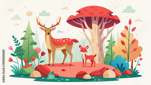 Stylized Deer and Fox in a Whimsical Forest Landscape with Oversized Mushroom and Colorful Flora