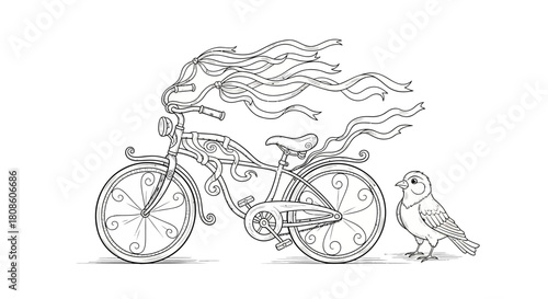 Whimsical bicycle illustration with flowing ribbons and a curious avian friend standing nearby