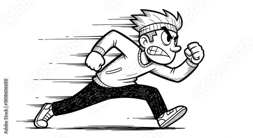 Black and white drawing depicting cartoon man running quickly with angry expression and motion