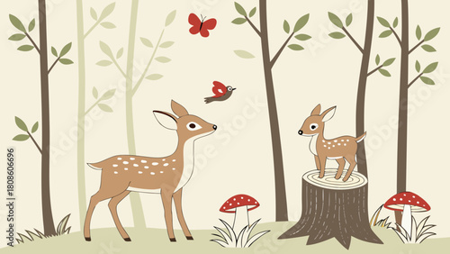 Cute Deer Family in Forest Illustration with Butterfly Bird and Mushrooms for Children s Book or Nursery Decor