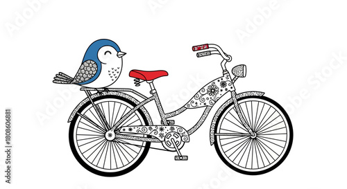 Whimsical bicycle adorned with floral details and a perched blue bird awaiting adventure in a