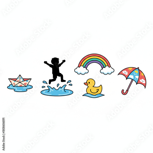 Whimsical Collection of Rainy Day Elements for Children's Play and Joyful Water Adventures
