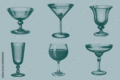 Modern Retro Sketch drinking glass set. Vintage halftone Wine, Champagne, Hurricane, Martini, Margarita. vector illustration. Eps 10