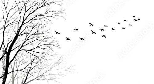 Black and white vector illustration featuring trees and birds in flight conveys freedom and
