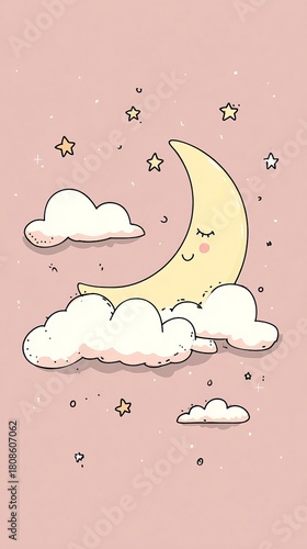 Cute Sleeping Moon Illustration with Clouds and Stars on Soft Pink Background – Kawaii Night Sky Cartoon Art for Nursery Prints and Kids Designs