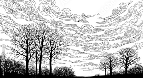 Stylized black and white illustration showcasing trees under swirling cloud formations drawing
