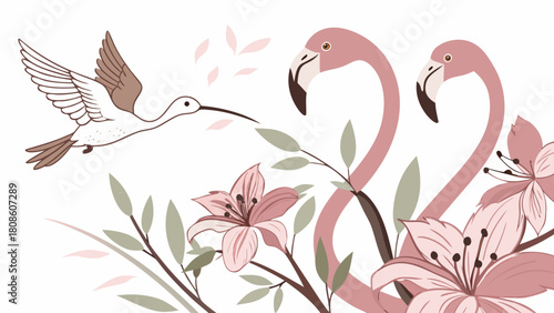Elegant Flamingo and Hummingbird Illustration with Floral Accents in Muted Pink and Brown Tones for Print and Design