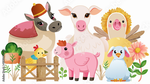 Cartoon Farm Animals Illustration Featuring a Horse Sheep Chicken Pig Vulture and Rabbit on a White Background