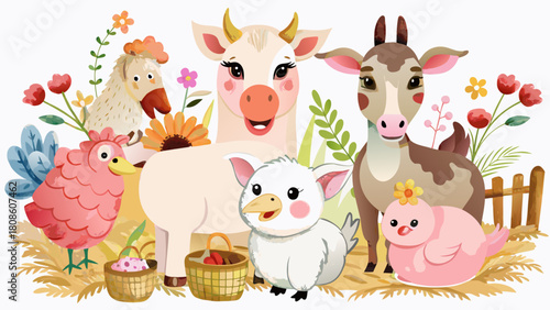 Cute Cartoon Farm Animals with Flowers and Baskets on White Background Perfect for Children s Illustration and Design Projects