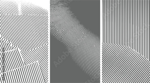 Three abstract graphic panels with grey and white diagonal and vertical stripes forming geometric patterns