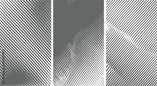 Triptych of gray and white diagonal line patterns with textured disruptions abstract background