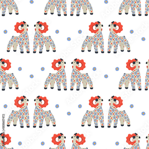 Seamless pattern with Dymkovo clay toy Goat. Horns