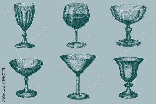 Halftone Sketch glass set. Vintage retro Hurricane, Martini, Margarita, Wine, Champagne vector illustration. Eps 10