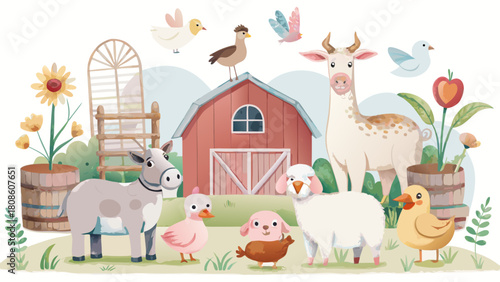 Watercolor Farm Animals Illustration with Cow Donkey Sheep Ducks Birds Barn Flowers and Rustic Wooden Elements for Children s Designs