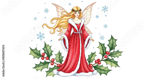 Watercolor Christmas Fairy in Red Dress with Leaves, Berries and Snowflakes