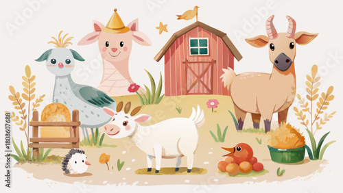 Watercolor Illustration of Farm Animals and Barnyard Scene with Goats Birds and a Hedgehog in a Whimsical Style