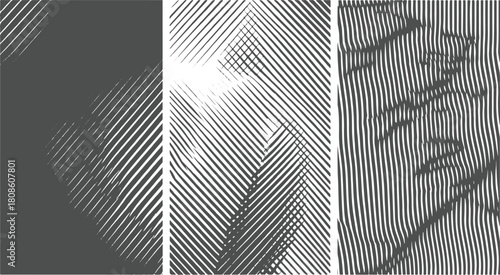 Three panels of abstract dark gray and white line art patterns graphic