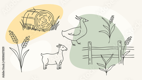 Minimalist Farm Life Illustration with Animals Hay Bale Wheat and Fence in Neutral Tones for Farm Themed Designs