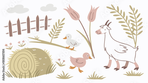 Cute Farm Animals and Scenery Illustration with Goat Ducks Hay Bale Fence and Flowers in Pastel Colors