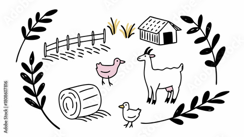 Hand Drawn Farm Scene with Goat Ducks Barn Hay Bale and Fence Framed by Foliage for a Cute Illustration