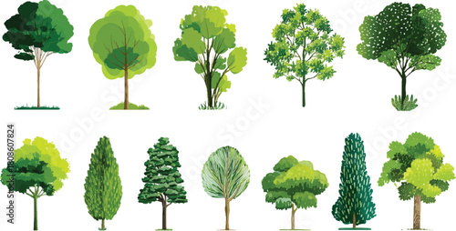 Minimal style cad tree line drawing, Side view, set of graphics trees elements, tree sketches, silhouette tree vector element