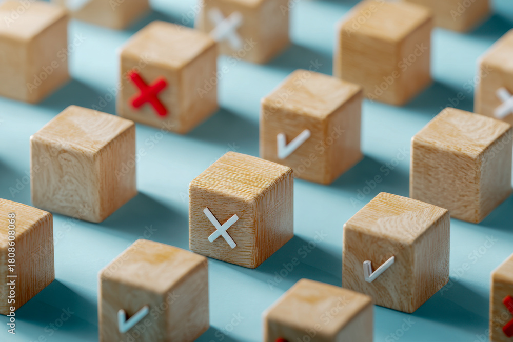 Fototapeta premium Wooden blocks with check marks and crosses symbolizing decision-making and evaluation concepts arranged on a soft blue surface representing choices and correctness