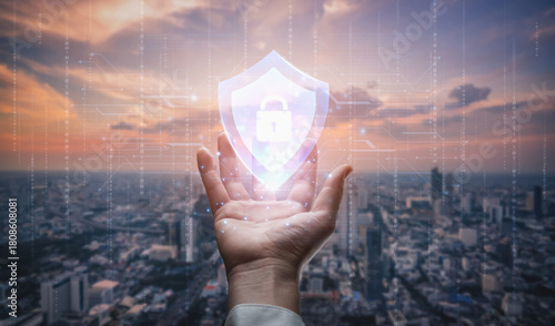 Digital security shield providing network protection and data privacy. This represents a firewall or antivirus system safeguarding against cyber threats, ensuring total safety. Fermion