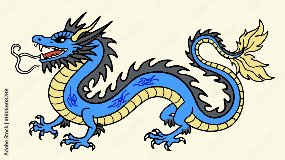 Fototapeta premium Stylized Blue Chinese Dragon Illustration Mythical Creature Asian Art Design Element
