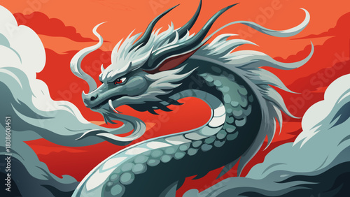 Majestic Asian Dragon Head Profile Illustration with Smoke and Red Background