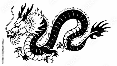 Black and White Chinese Dragon Illustration Traditional Asian Mythological Creature Design