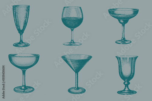Drinks and beverages hand drawn glass set vector illustration. Margarita, Wine, Champagne, Hurricane, Martini glass. Eps 10