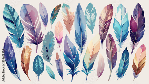 Collection of Watercolor Style Feathers in Vibrant Blues Purples and Browns