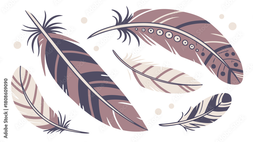 Obraz premium Collection of Five Stylized Feathers in Dusty Rose and Gray Tones